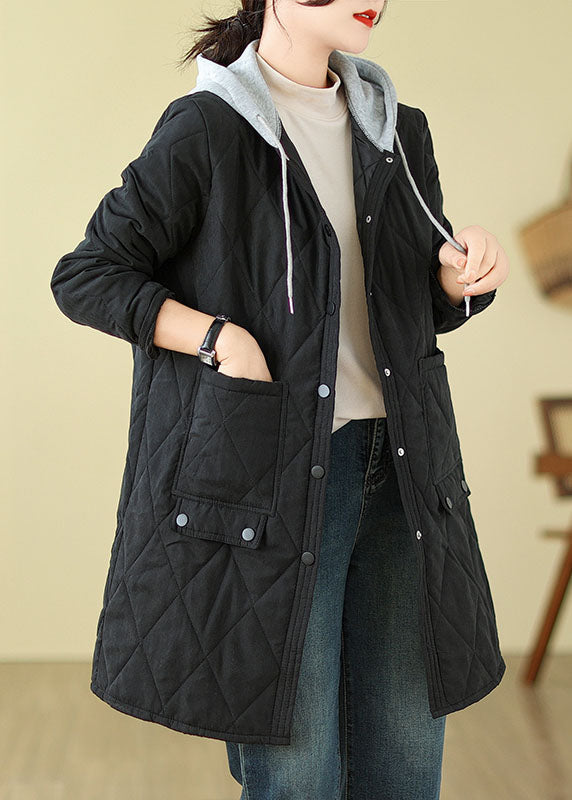 Unisex Cotton Hooded Coat Lightweight Black Winter - OutfitLondon