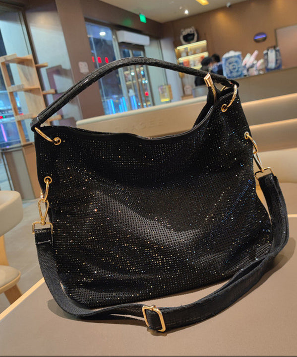 Women's Faux Leather Shoulder Bag Black Rhinestone - OutfitLondon