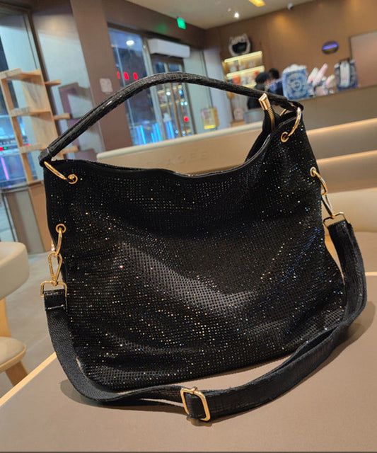 Women's Faux Leather Shoulder Bag Black Rhinestone - OutfitLondon