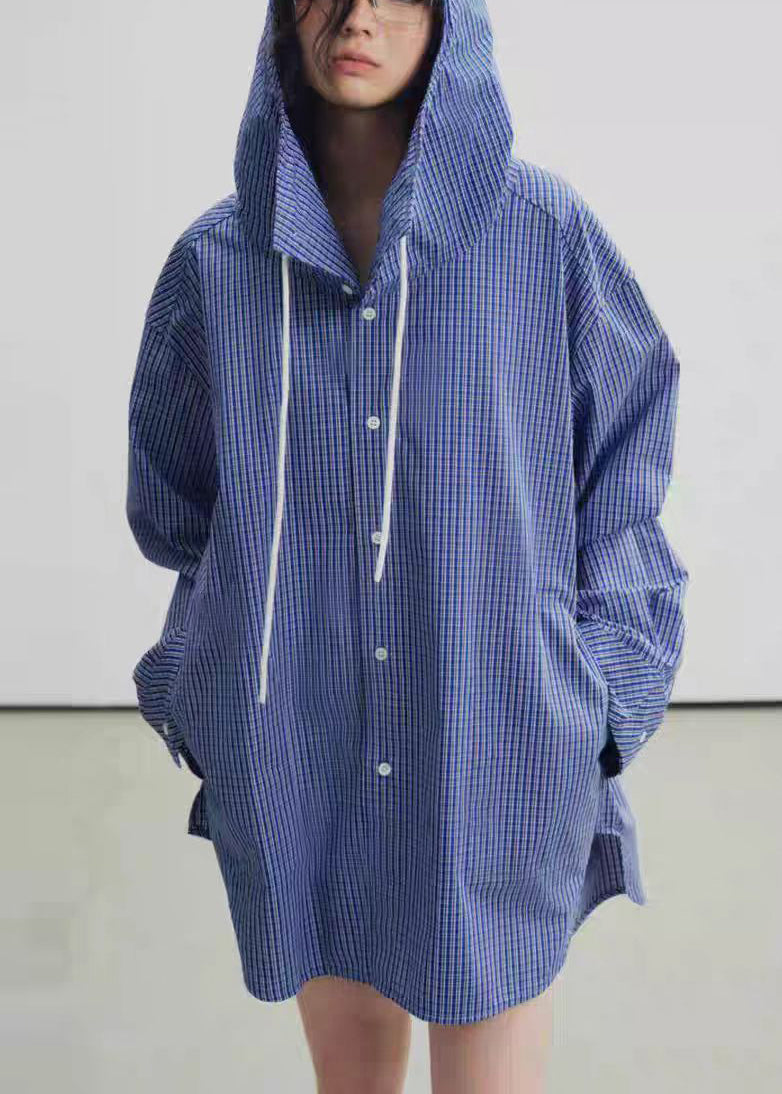 Women's Cotton Blend Hooded Trench Coat Blue Plaid Plus Size - OutfitLondon