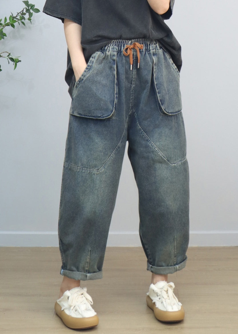Women's Relaxed Fit Denim Harem Pants Oversized With Large Pockets - OutfitLondon