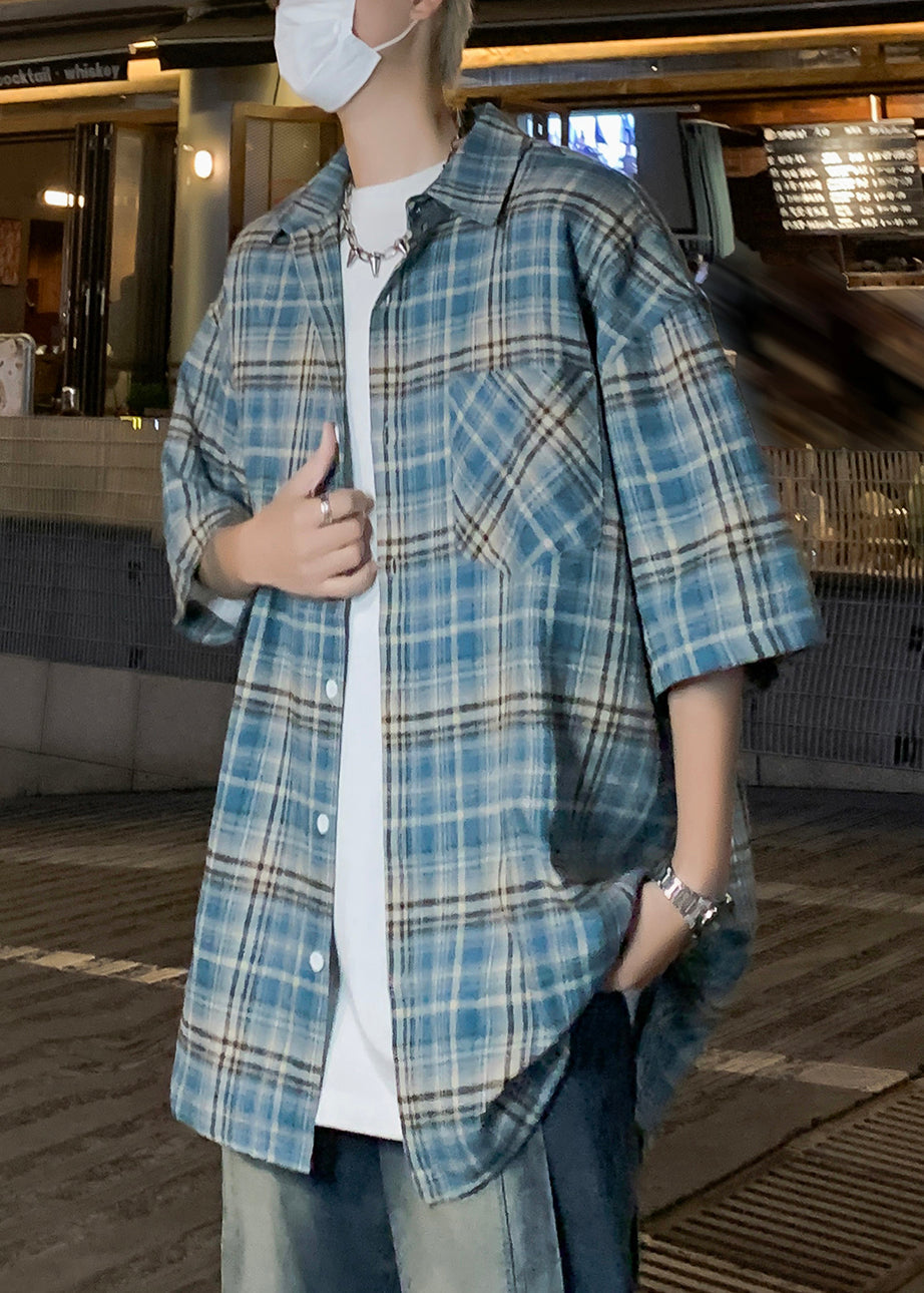 Men's Casual Short Sleeve Shirt Cotton Blend Blue Plaid Breathable - OutfitLondon