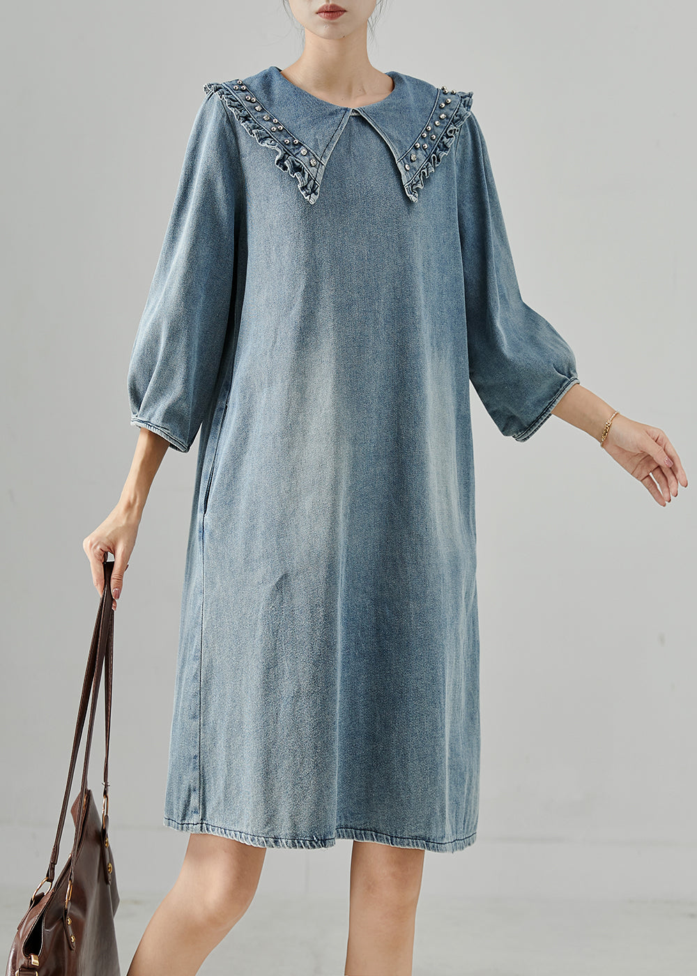 Women's Denim Day Dress With Peter Pan Collar And Rivet Details - OutfitLondon