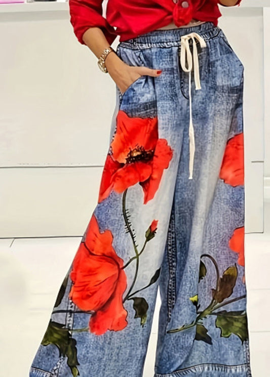Women's Blue Printed Elastic Waist Jeans Wide Leg - OutfitLondon