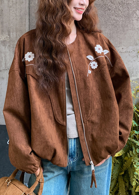 Women's Embroidered Faux Suede Jacket Floral Cozy - OutfitLondon