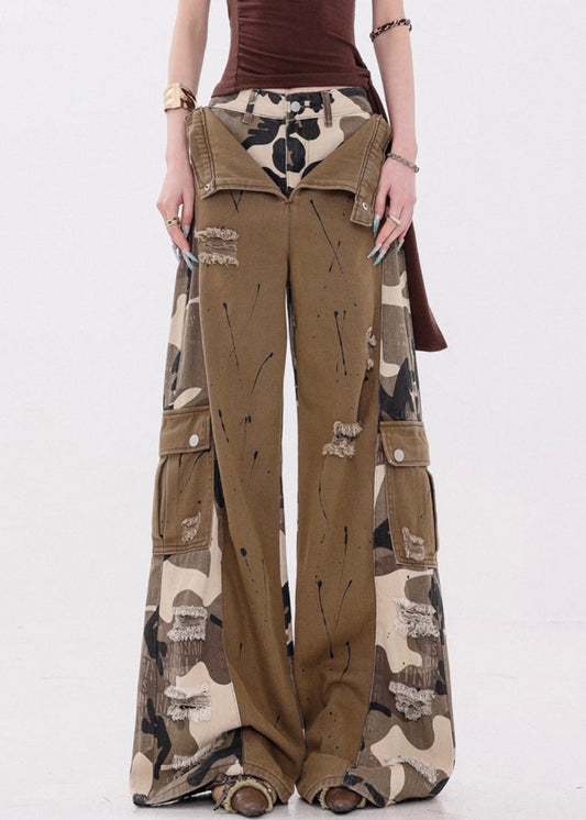 Women's Casual Patchwork Jeans Camouflage Pockets Dark Blue - OutfitLondon
