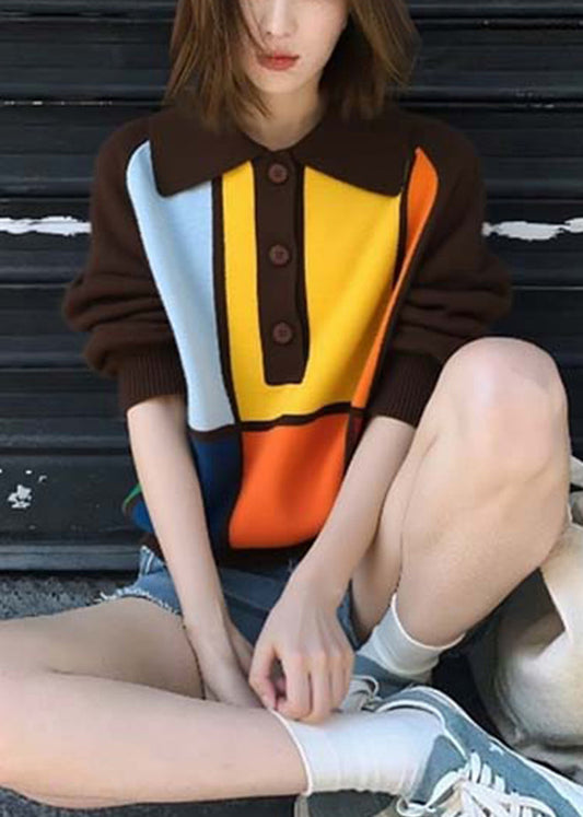 Women's Patchwork Knit Sweater Peter Pan Collar Button Detail - OutfitLondon