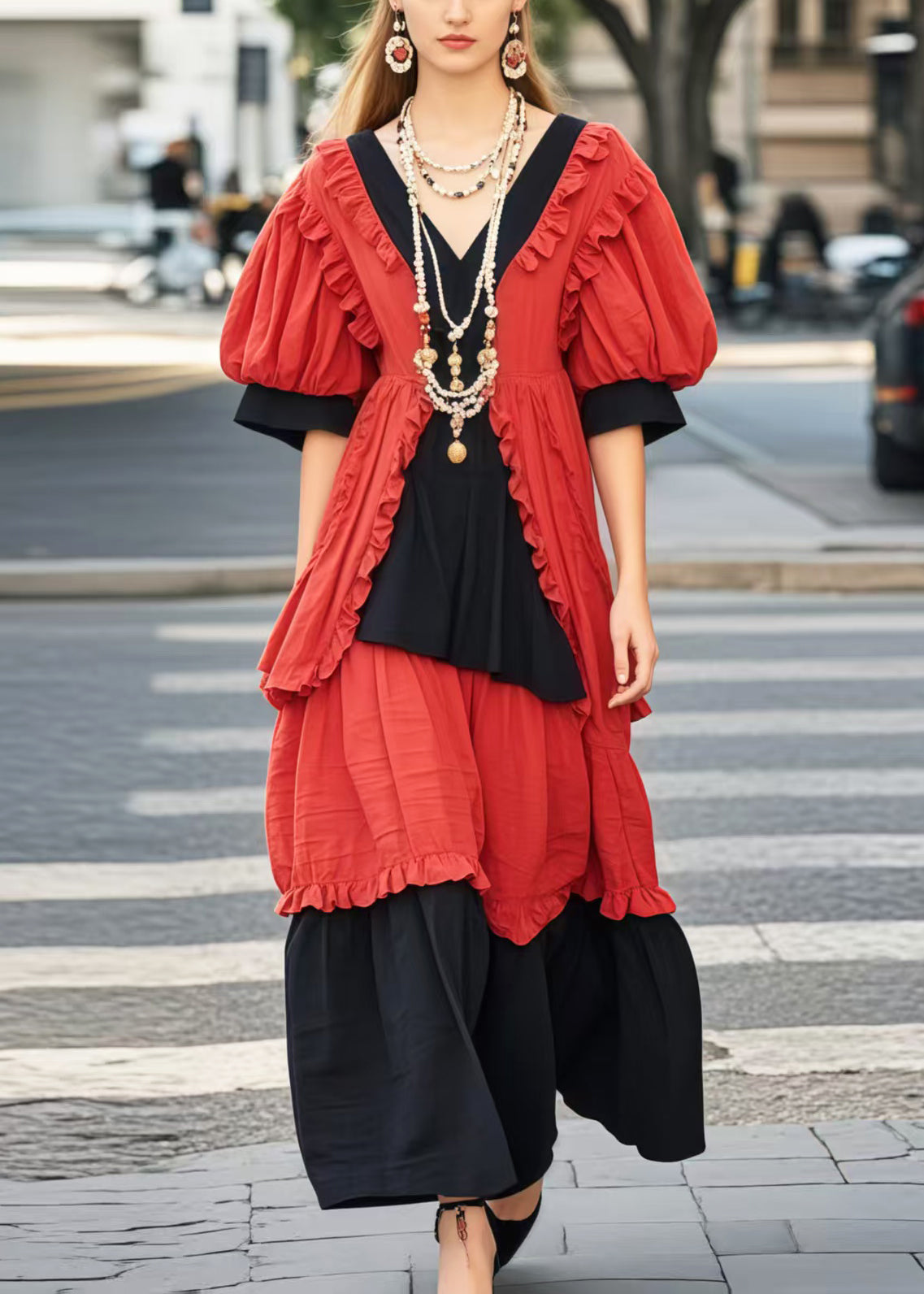 Women's Cotton Maxi Dress With Ruffles Color Block - OutfitLondon