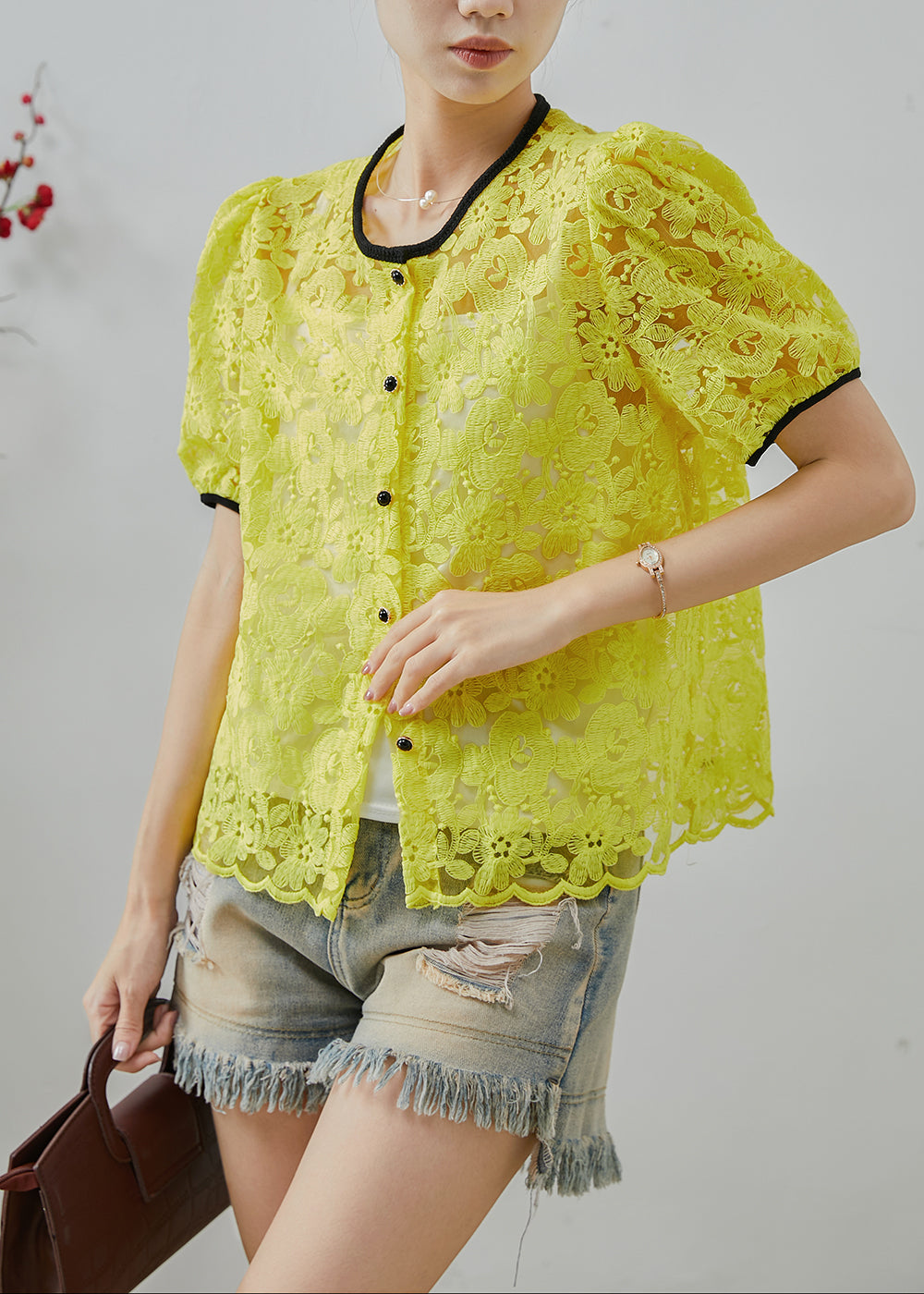 Women's Embroidered Lace Blouse Yellow Breathable - OutfitLondon