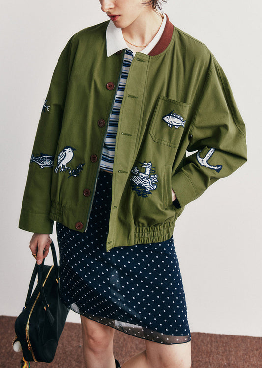 Women's Green Cotton Fall Jacket Embroidered Pockets - OutfitLondon