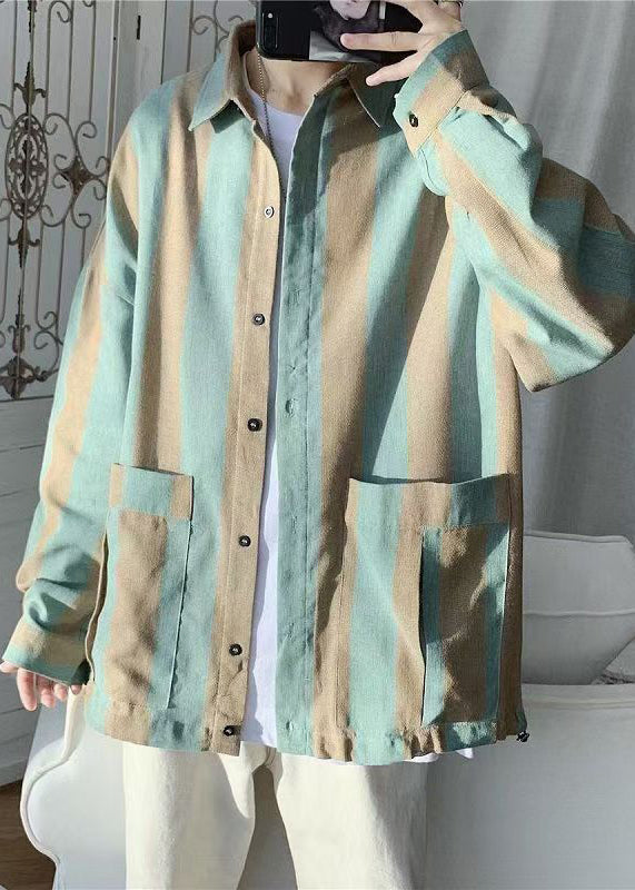 Men's Green Striped Cotton Shirt Breathable With Pockets - OutfitLondon