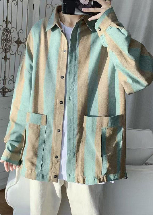 Men's Green Striped Cotton Shirt Breathable With Pockets - OutfitLondon