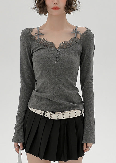 Women's Gray Cotton Blouse Lace Detail Round Neck Lightweight - OutfitLondon