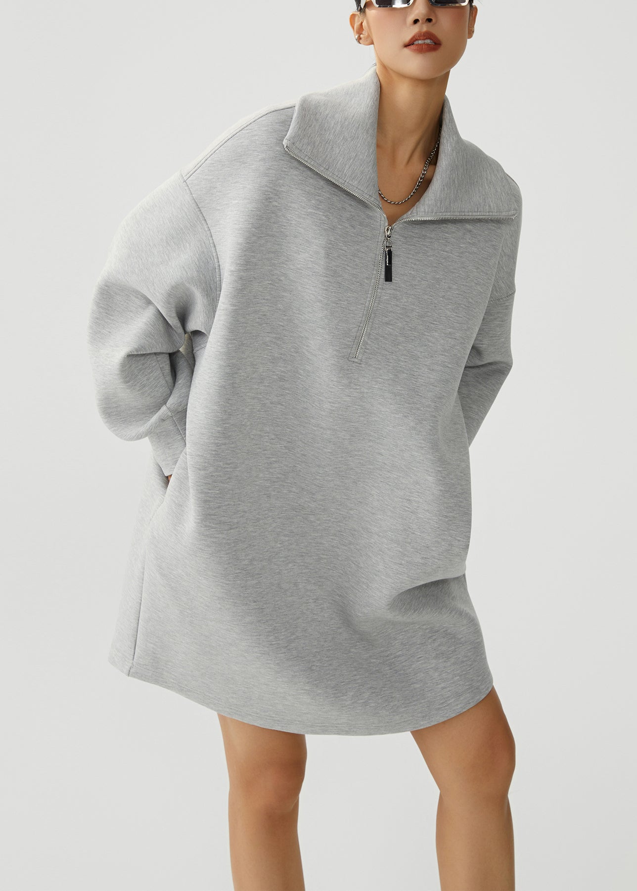 Women's Fleece Robe Sweatshirt Zip Pockets Soft Grey - OutfitLondon