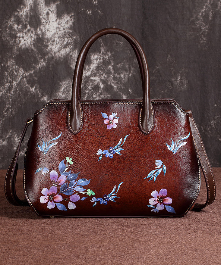 Women's Leather Tote Bag Floral Pattern Zipper Closure - OutfitLondon