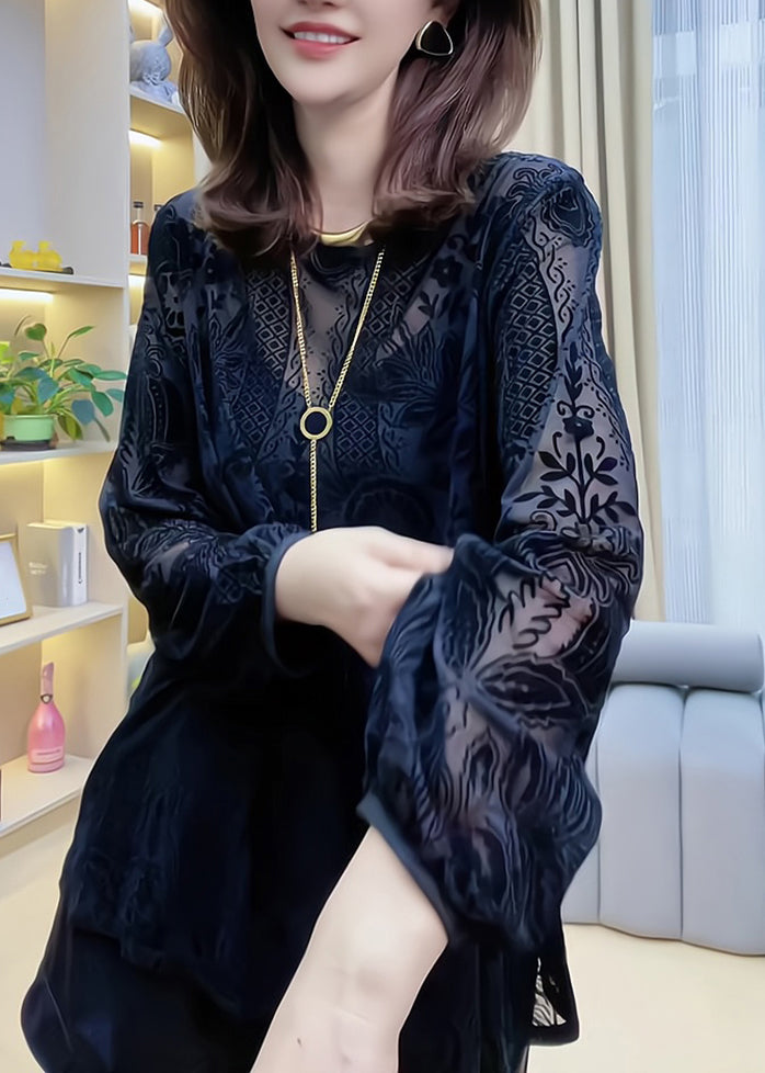 Women's V Neck Blouse Black Lace Sheer Casual - OutfitLondon
