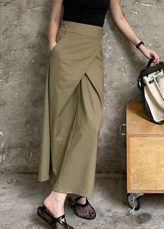 Women's Cotton Blend Maxi Skirt Khaki Asymmetrical High Waist - OutfitLondon