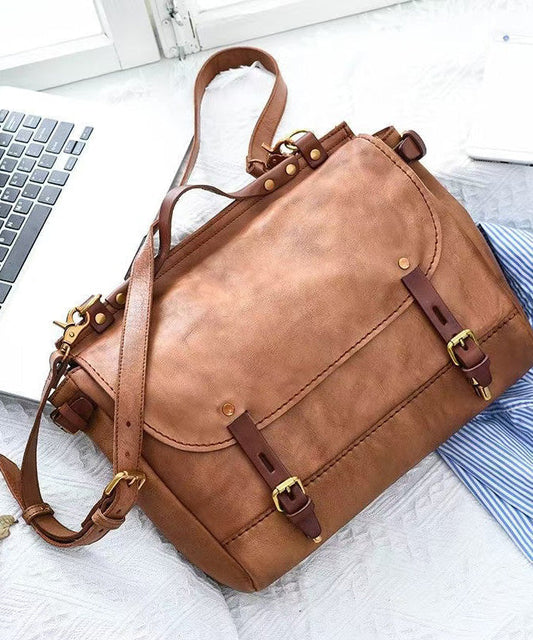 Leather Messenger Bag Khaki Large Crossbody Zipper Closure - OutfitLondon