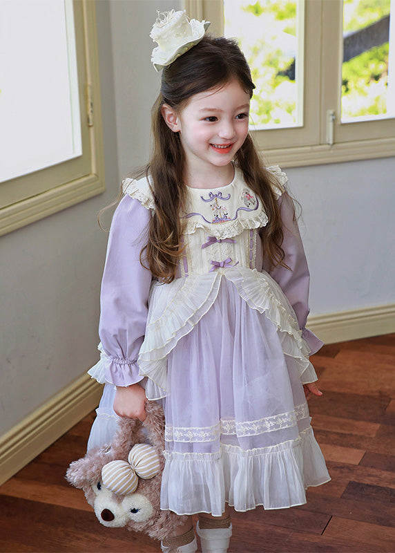 Kids Tulle Embroidered Lavender Dress With Puff Sleeves - OutfitLondon