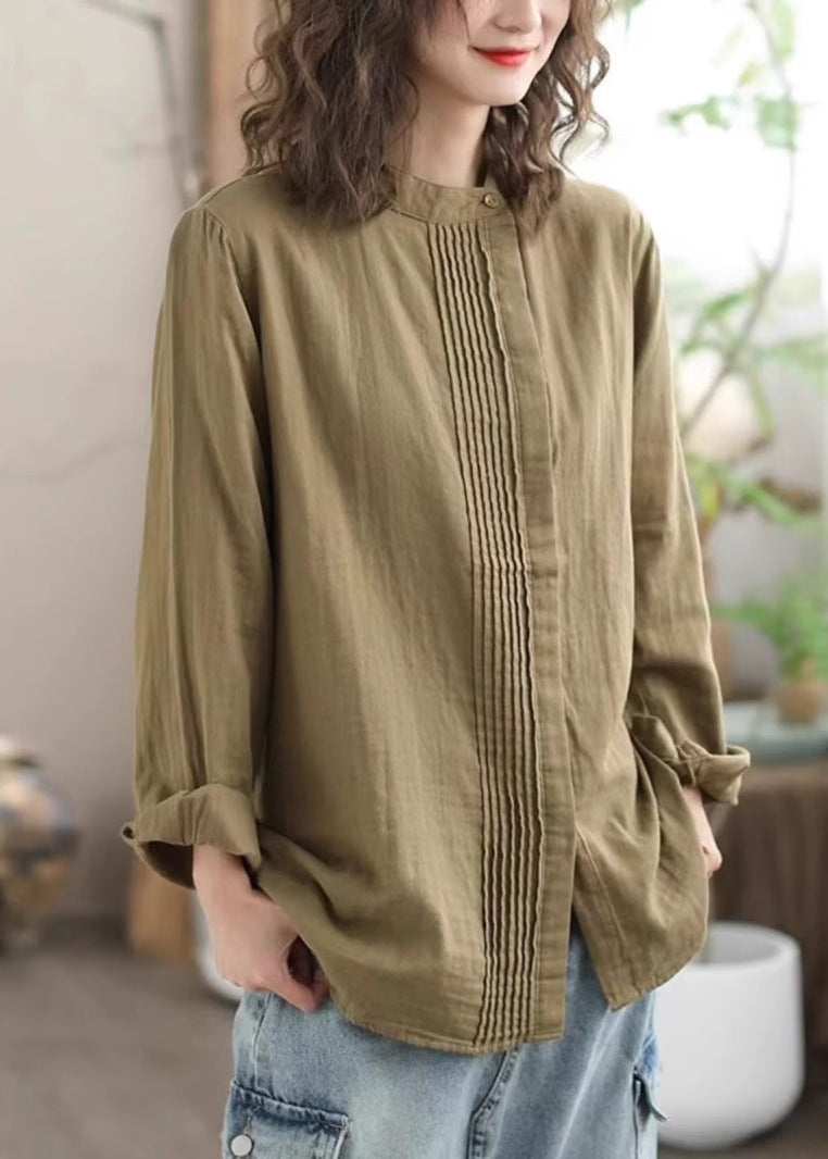 Women Cotton Shirt Khaki Mandarin Collar Casual - OutfitLondon