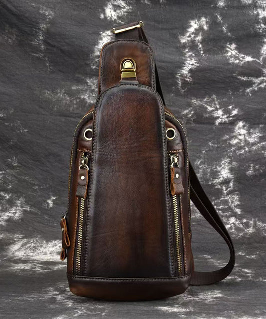 Men's Leather Chest Bag Coffee Brown Patchwork Zipper Pockets - OutfitLondon