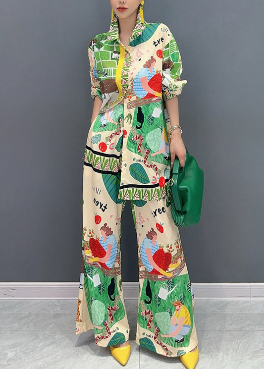 Women's 2 Piece Print Set Peter Pan Collar Wide Leg Pants Multicolor - OutfitLondon
