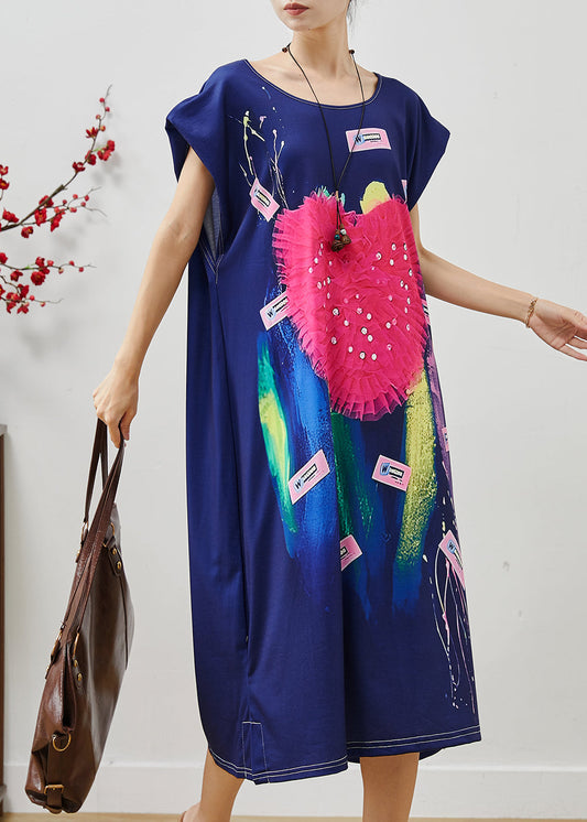 Women's Navy Cotton Graffiti Print Dress With Rhinestones - OutfitLondon