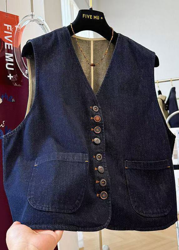 Unisex Denim Vest Navy Blue Oversized Pockets - OutfitLondon