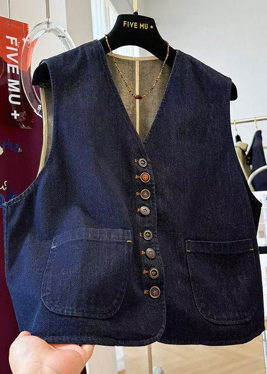 Unisex Denim Vest Navy Blue Oversized Pockets - OutfitLondon