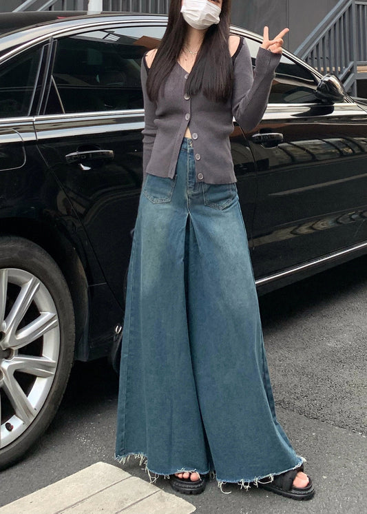 Women's Wide Leg Denim Pants Casual Blue - OutfitLondon