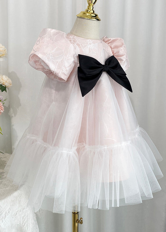 Girls Pink Tulle Dress Round Neckline Black Bow - OutfitLondon
