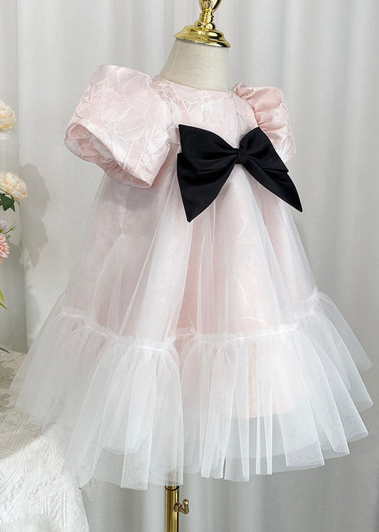 Girls Pink Tulle Dress Round Neckline Black Bow - OutfitLondon