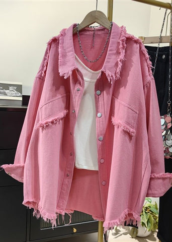 Women's Oversized Denim Shirt Pink Fringe Casual - OutfitLondon