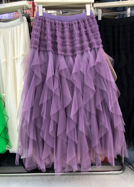 Women's Purple Tulle Trapeze Skirt Elastic Waistband Asymmetrical - OutfitLondon