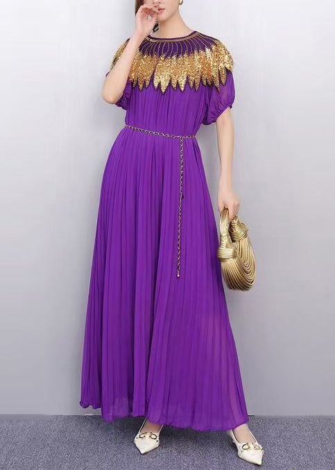 Women's Silk Chiffon Tunic Dress Lightweight Violet Sequin - OutfitLondon