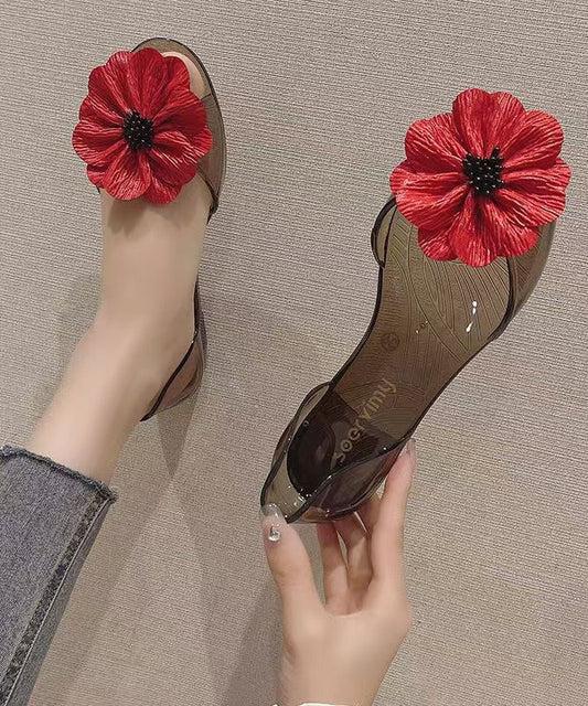 Women's Open Toe Sandals Red Floral PVC Cushioned Insole - OutfitLondon