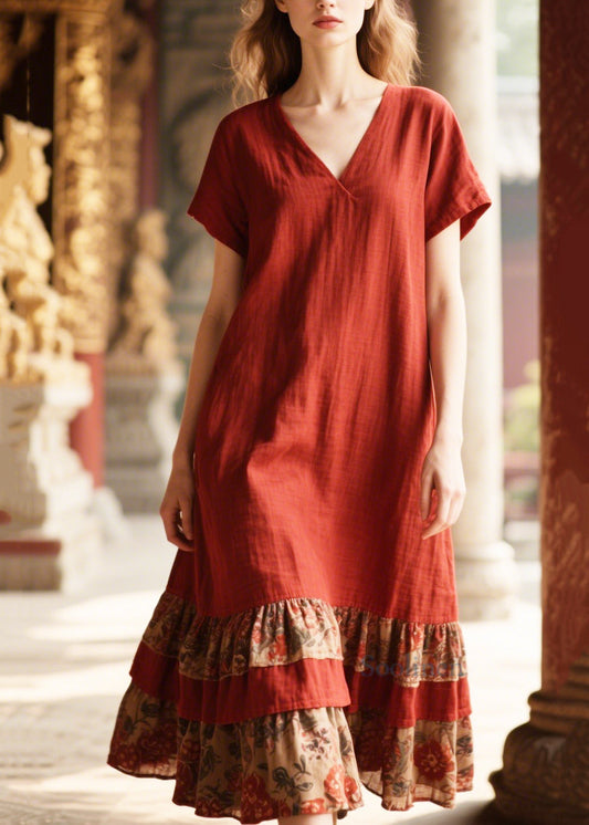 Women's Oversized Cotton Patchwork Dress Red - OutfitLondon