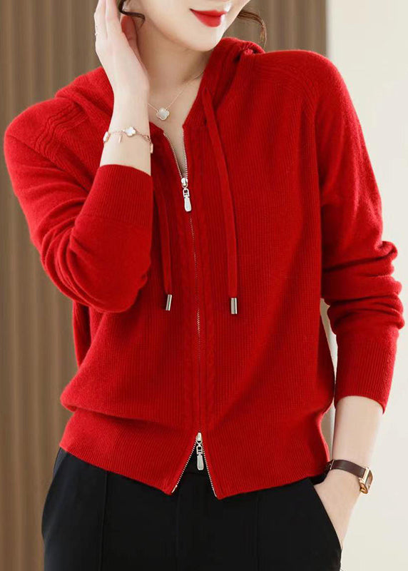 Women's Wool Cardigan Hoodie Lightweight Red Zipper - OutfitLondon