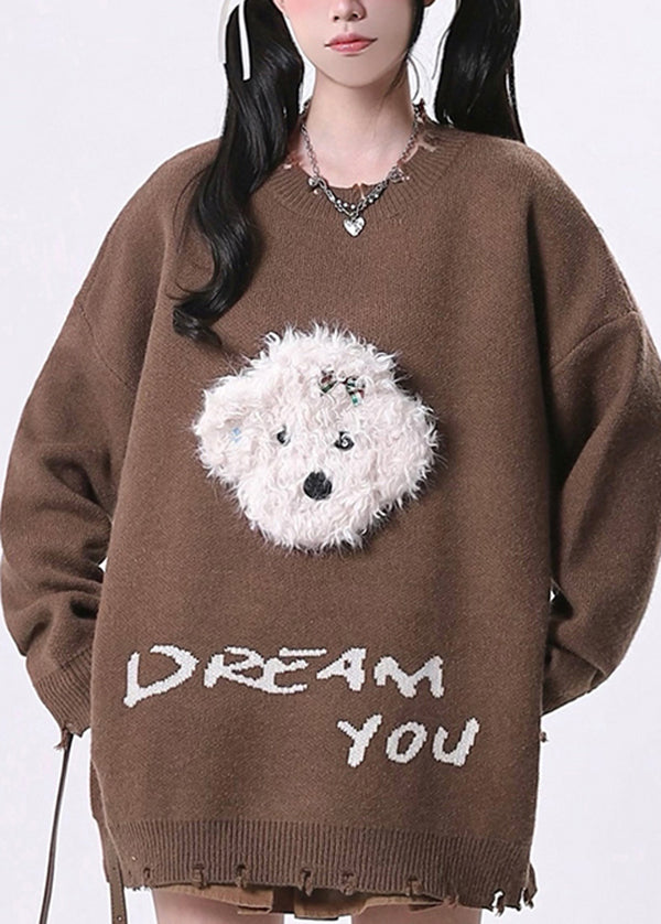 Women's Distressed Knit Sweater Casual Coffee - OutfitLondon