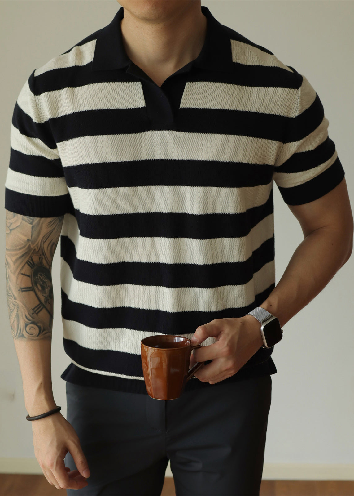 Mens Cotton Polo Shirt Striped Breathable Comfort - OutfitLondon