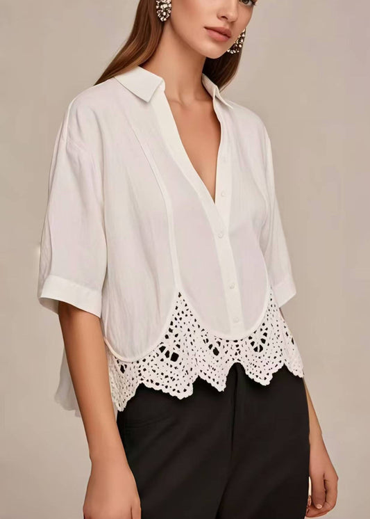 Women's Cotton Blend Short Sleeve V Neck Blouse White - OutfitLondon
