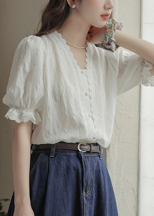 Women's V Neck Lace White Cotton Blend Casual - OutfitLondon