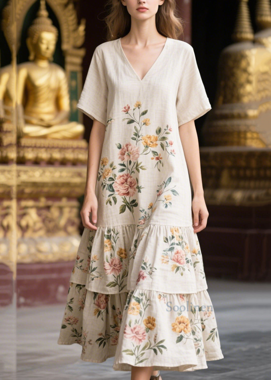 Women's Linen V Neck Dress Floral Print White Breathable Summer - OutfitLondon