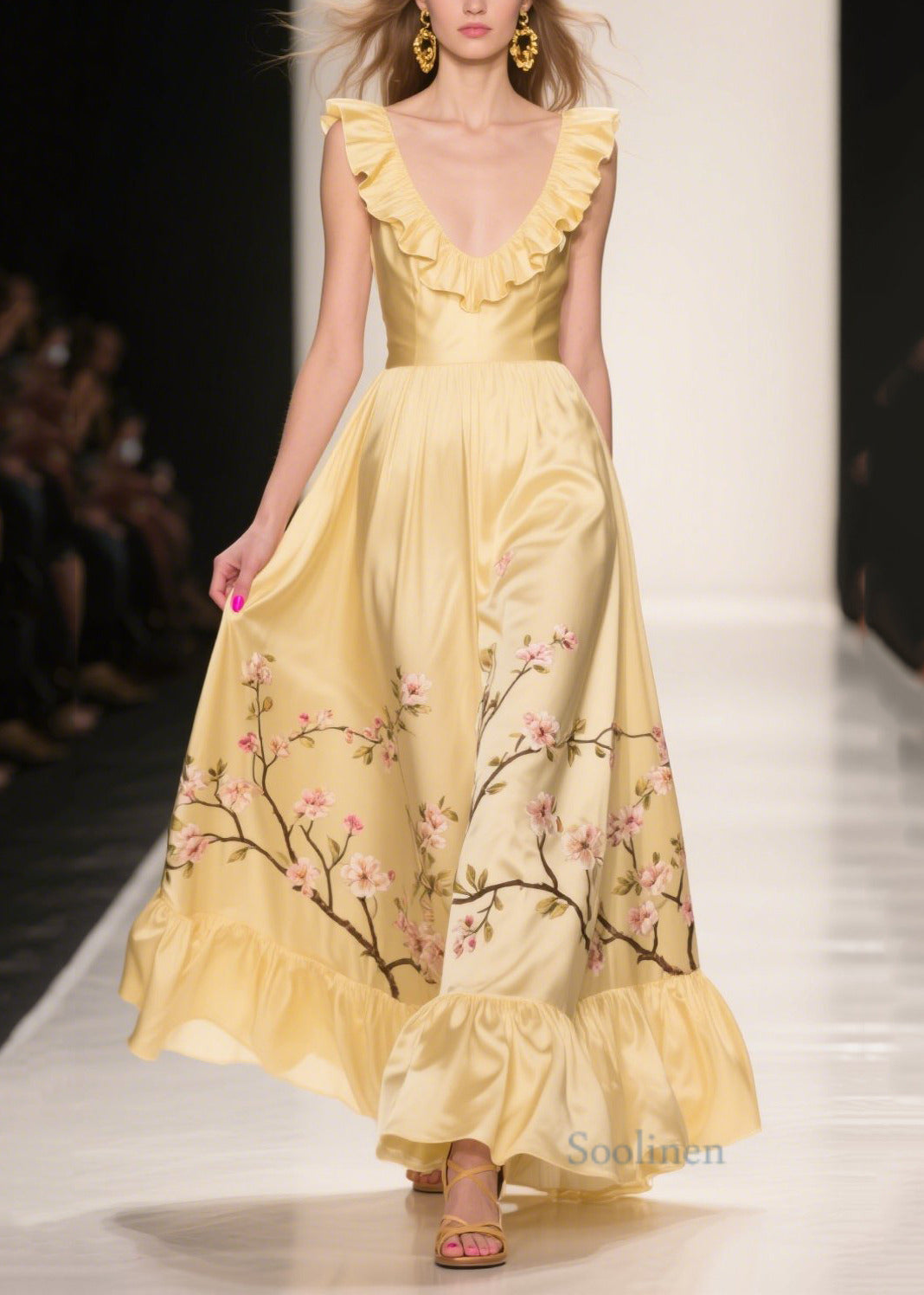 Women's Silk Blend Yellow Ruffle Day Dress - OutfitLondon