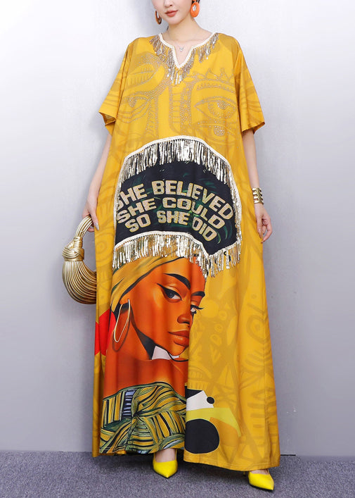 Women's Cotton Maxi Dress Fringed Yellow Relaxed Fit - OutfitLondon