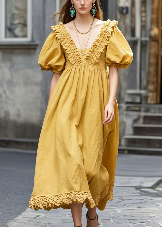 Women's Yellow Cotton Dress V Neck Puff Sleeves - OutfitLondon