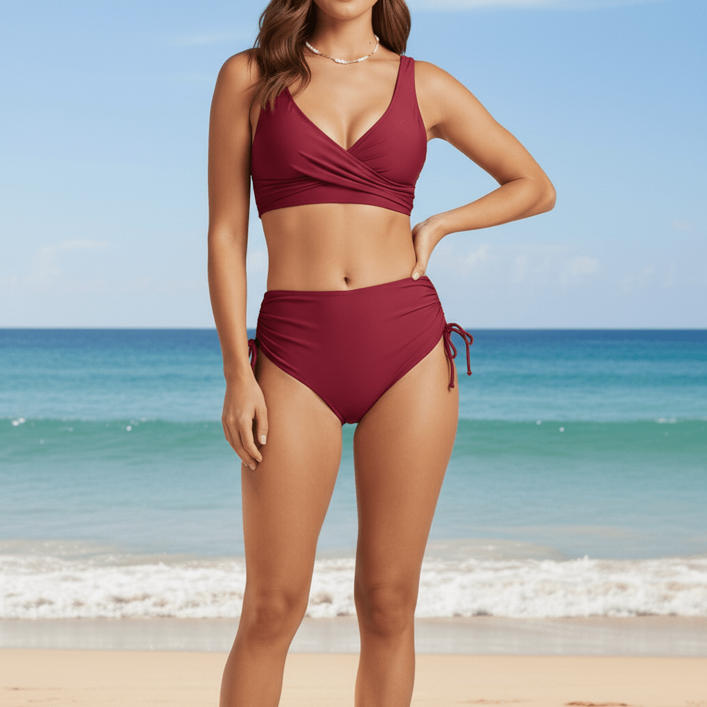 Classic High Waisted V Neck Swimsuit Bikini Set