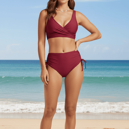 Classic High Waisted V Neck Swimsuit Bikini Set