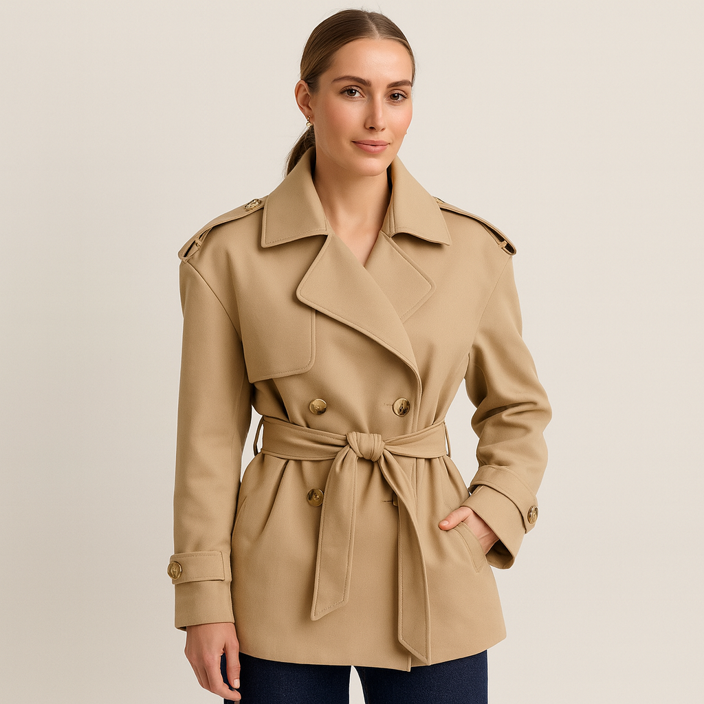 Stylish Tan Women's Coat with Adjustable Waist - OutfitLondon