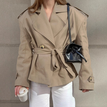 Stylish Tan Women's Coat with Adjustable Waist